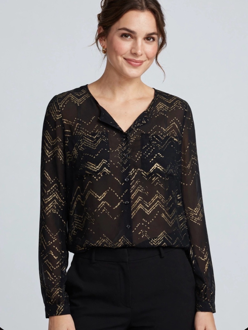 Olive & Oak Blouse M Black Gold Chevron Sheer Button Top